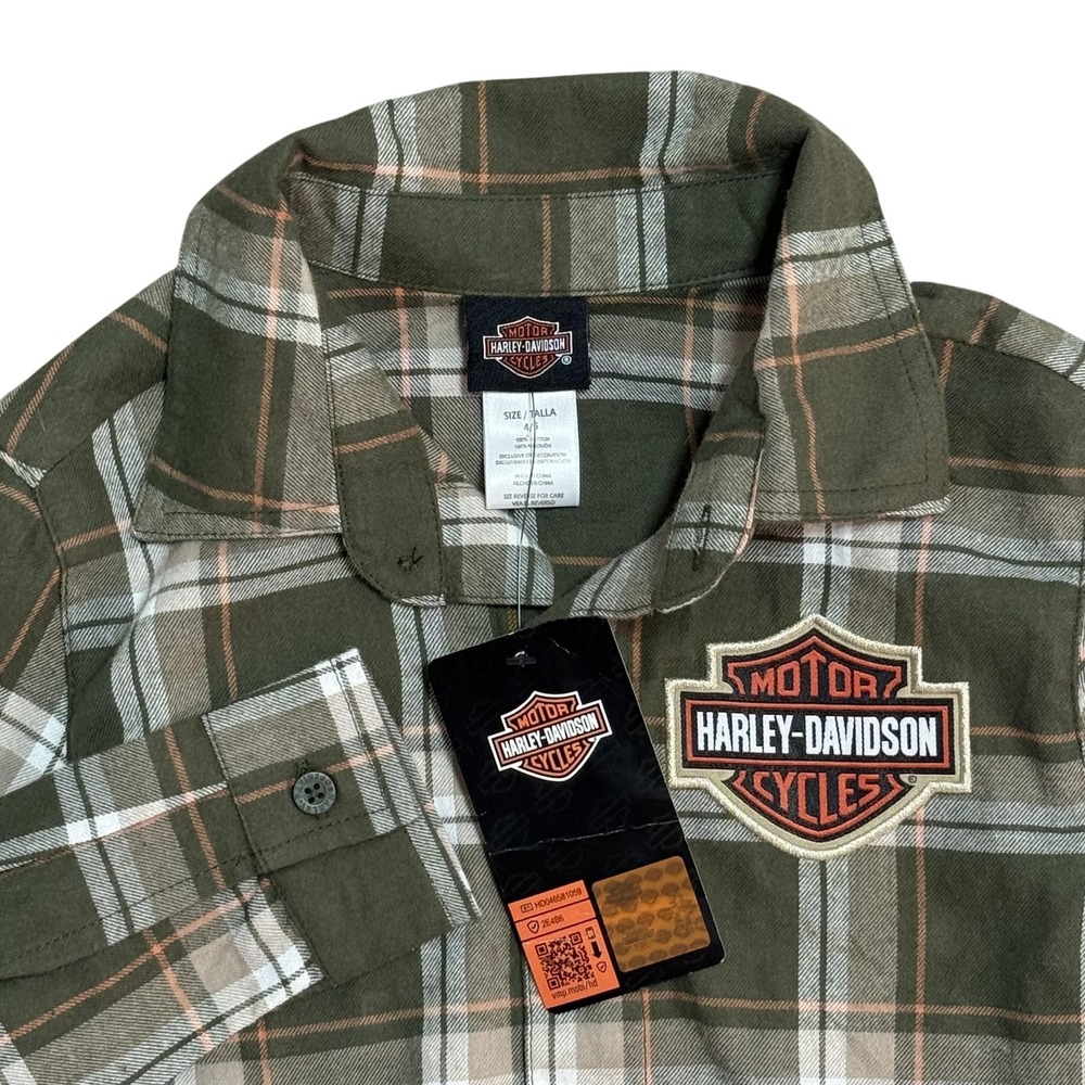 Harley-Davidson Shirt Boys 4/5 Green Plaid Flannel Button Up Long Sleeve Biker‎